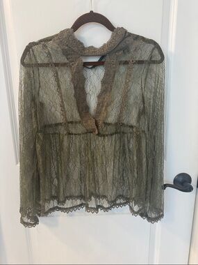 Altar'd State Olive Green Sheer Lace Peplum Blouse
